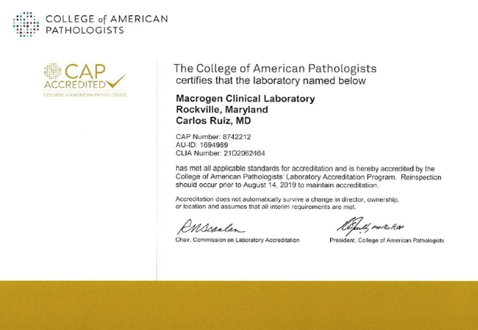 Macrogen Corp.'s Clinical NGS Laboratory Receives CAP Accreditation